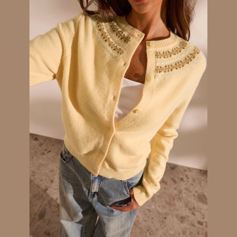 Pale Yellow Fair Isle Yoke Button Front Knit Cardigan